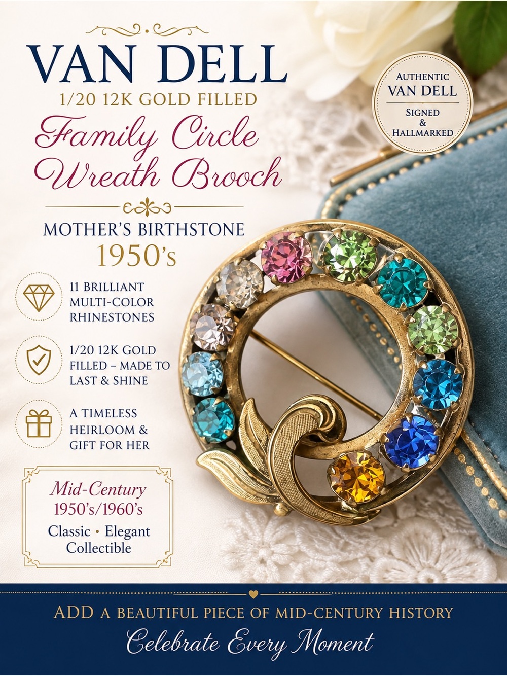 Van Dell 1/20 12K Family Circle Wreath Brooch - Mother's Birthstone 1950's